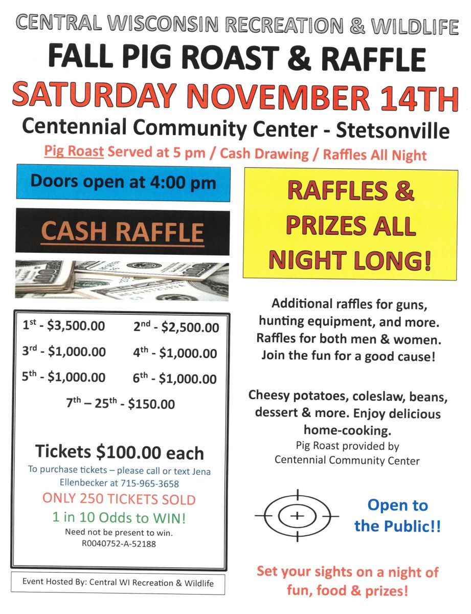 Central WI Recreation & Wildlife Fall Pig Roast & Raffle Flyer