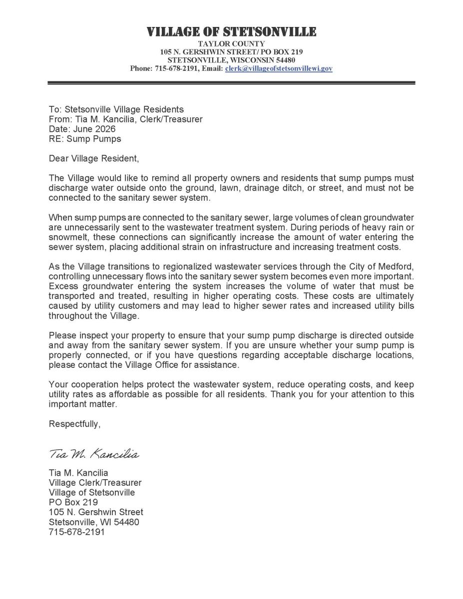 Sump Pump Letter to Residents